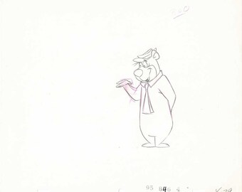 May include: A black and white line drawing of a cartoon bear wearing a hat and tie. The bear is standing with its right arm outstretched and its left hand on its hip.