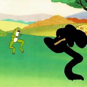 May include: A cartoon illustration of a green frog with a white belly, facing a large black, amorphous shape. The frog is mid-leap, mouth open. The background features a green field, rolling hills, and a tree.