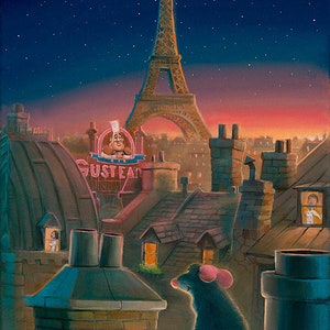 May include: A black rat sits on a rooftop in Paris, looking up at the Eiffel Tower in the distance. The sky is dark blue with white stars and a pink and orange sunset. The rat is sitting on a brick chimney with a green plant growing out of it. The sign for "Gusteau's" restaurant is visible in the background.