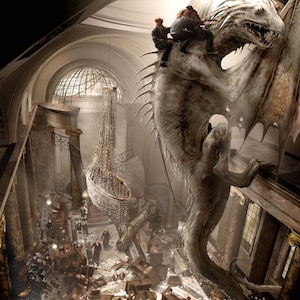 May include: A white dragon with large wings is perched on a building, with two people riding on its back. The dragon's claws are gripping the building's edge. The building's interior is visible, with a large chandelier hanging from the ceiling and debris scattered on the floor.