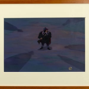 Pocahontas Walt Disney 1995 Hand-Painted Production-Used Animation Background and Presentation Cel of Ratcliffe from Sothebys Original Sale