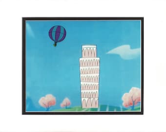 May include: A cartoon illustration of the Leaning Tower of Pisa with a hot air balloon in the sky. The tower is white with pink and green accents. The balloon is purple and blue with a green basket.