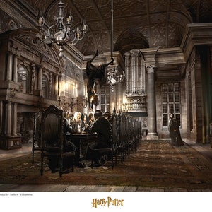 May include: A dark, wood-paneled room with a long table set for a formal dinner. A chandelier hangs from the ceiling, and a figure in black robes stands in the doorway. The text "Harry Potter" is visible at the bottom of the image.
