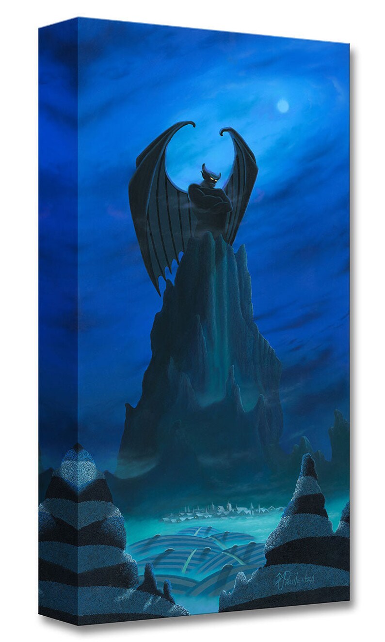 May include: A dark blue and black illustration of a gargoyle perched on a rocky cliff, overlooking a village in the distance. The moon is visible in the sky.