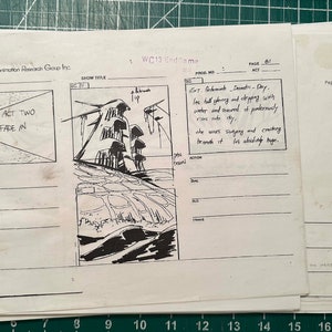 May include: A black and white storyboard for a film or television show. The storyboard shows a scene with a building partially submerged in water. The text on the storyboard reads "Act Two Fade In" and "Ext. Bebewurk - Dantic - Day,  les ball sghiring and crippling with wonder and seaweed it pondernusy rians the day, the wors sugeng and crouching be math it les abach day bugn."