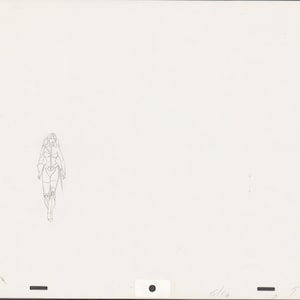 May include: A black and white line drawing of a woman wearing a costume with a cape and boots. The woman is walking forward with her arms at her sides.