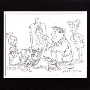 The FLINTSTONES Fred Wilma Family Pencil Scene Drawing Signed by Bob Singer Pebbles Portrait
