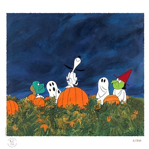 May include: A Peanuts Halloween illustration featuring Snoopy standing on a pumpkin with three ghosts in the background. The ghosts are wearing costumes, including a witch's hat and a green mask. The illustration is set against a dark blue sky with a pumpkin patch in the foreground.