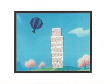 May include: A cartoon illustration of the Leaning Tower of Pisa with a hot air balloon floating in the sky above it. The tower is pink and white with arches. The balloon is purple and blue with a basket.