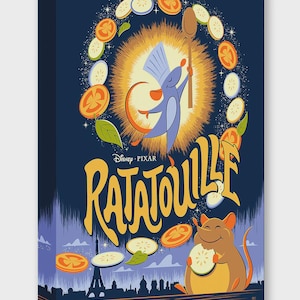 May include: A canvas print featuring the Disney Pixar movie Ratatouille. The artwork depicts a cartoon rat chef holding a wooden spoon, surrounded by vegetables. The title "Ratatouille" is in large, stylized letters, with a cityscape in the background.