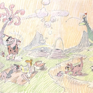 FLINTSTONES Fred Barney Pebbles Beach Huge Hand-drawn Design after the Limited Edition Signed Bob Singer