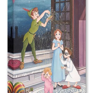May include: A canvas print of a whimsical illustration featuring Peter Pan, Tinkerbell, Wendy, John, and Michael. Peter Pan is dressed in green, Wendy in blue, and the boys in pajamas. The artwork has a starry night sky background.