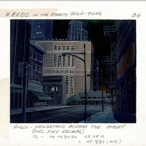 May include: A nighttime cityscape illustration with a newsstand across the street. The illustration is in a dark blue, gray, and black color scheme. The text "H.A.V.O.C IN THE STREETS 9062-9406" is in the top left corner of the illustration. The text "ANGLE-NEWSSTAND ACROSS THE STREET (INCL FIRE ESCAPE)" is in the bottom left corner of the illustration. The text "각도- 거리 가로 질러 있는 신문 가판 대. (비상 탈출구(계단))" is in the bottom center of the illustration.