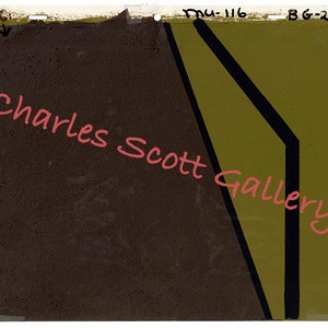 May include: A brown and green abstract painting with black lines. The painting is signed "Charles Scott Gallery" in the bottom right corner. The painting is labeled "MU-116 BG-203" in the top right corner.