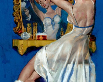 May include: A woman in a white slip dress with blue trim sits in front of a vanity mirror. She is fixing her hair and looking at her reflection. A man in a suit is reflected in the mirror behind her.