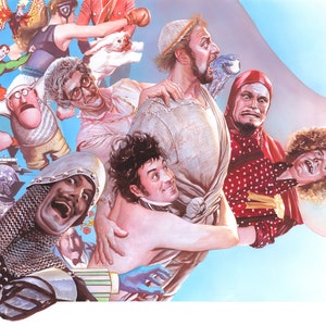 May include: A colorful and whimsical illustration featuring a variety of characters, including a knight, a man with a beard, a woman with a bird, and a woman with a crown. The characters are all arranged around a giant foot, which is the focal point of the image.