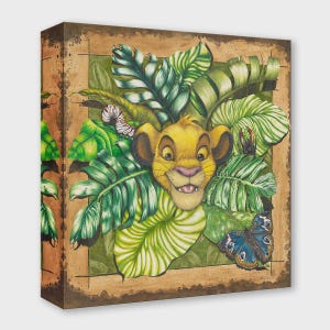 May include: A canvas art print featuring a yellow lion cub surrounded by lush green leaves and a blue butterfly. The artwork has a brown border and a jungle theme, perfect for a child's room or nursery.