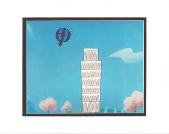 May include: A cartoon illustration of the Leaning Tower of Pisa with a hot air balloon flying above it. The tower is pink and white with arches. The balloon is purple and blue with a green basket.