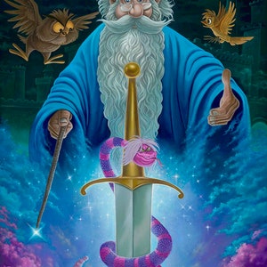 May include: A whimsical illustration of a wizard in a blue robe with a long white beard, holding a wand. A sword is in front of the wizard, wrapped by a purple and pink snake. Two birds are flying near the wizard.