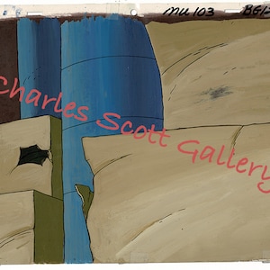 May include: A cartoon illustration of a scene with a blue and green structure, a beige wall, and a beige floor. The illustration is painted on a white background.