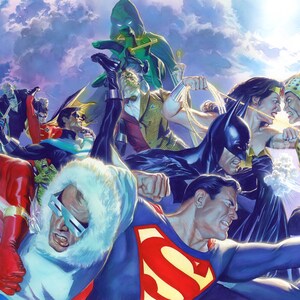 May include: A vibrant illustration featuring numerous DC Comics superheroes and villains in action. Superman and Batman are central, with The Joker, Catwoman, and The Flash also visible. The artwork has a dynamic composition with a bright, colorful palette.