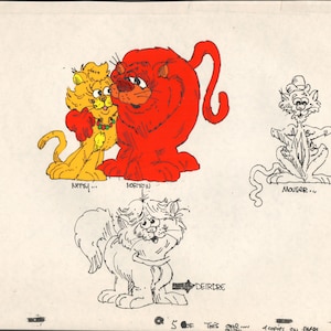 May include: Line art illustration of four cartoon cats. The cats are named Nitty, Norton, Mouser, and Deirdre. The illustration is in black and white with red and yellow accents.