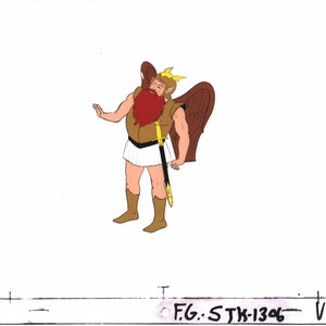 May include: A cartoon illustration of a winged, bearded man wearing a crown and holding a sword. He is wearing a white tunic and brown boots. The background is white.