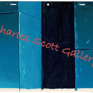 May include: A blue and black abstract painting with a textured surface. The painting is signed "Charles Scott Gallery" in the bottom right corner.