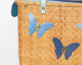 Butterflies are Free! Calderon Vintage Woven grass tote bag with leather details.