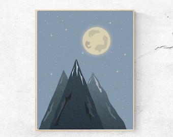 Starry Mountains, Moon Scene, Stars, Night, Instant Digital Download, Wall Art, Print