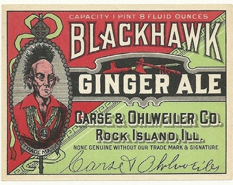 Unused 1920's Blackhawk Ginger Ale Soda Bottle Label Carse & Ohlweiler Co. Rock Island, Illinois