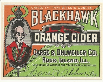 Unused 1920's Blackhawk Orange Cider Soda Bottle Label Carse & Ohlweiler Co. Rock Island, Illinois