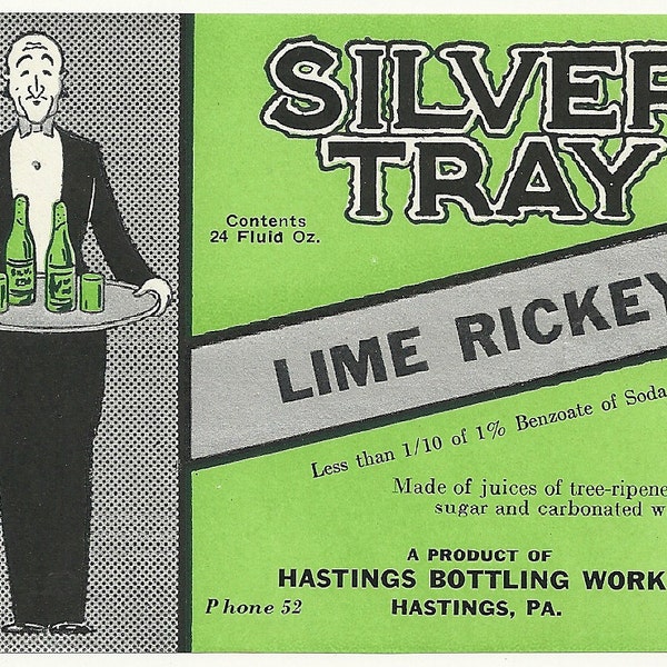 Unused 1930's Silver Tray Lime Rickey Soda Bottle Label From Hastings Bottling Works in Hastings, Pennsylvania