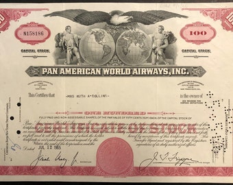 Pan American World Airways 100 Shares Capital Stock Certificate Red 1960's