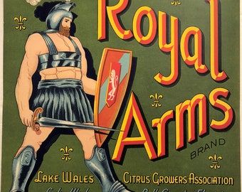 Royal Arms Original Unused Vintage Florida Citrus Crate Label Lake Wales Citrus Growers, Lake Wales, Florida