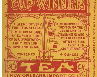 Cup Winner Tea Unused Vintage Can Label New Orleans Import Co. New Orleans, Louisiana