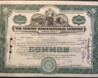 The Hobart Manufacturing Co. Troy, Ohio Common Stock Certificate For 100 Shares Green 1927