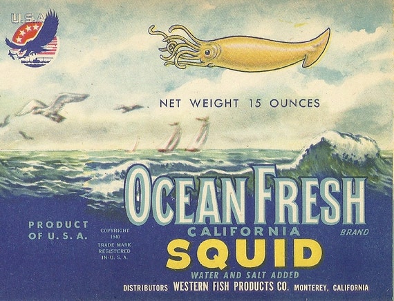 Ocean Fresh Squid Monterey Calif made in USA Vintage Original Label Calamares