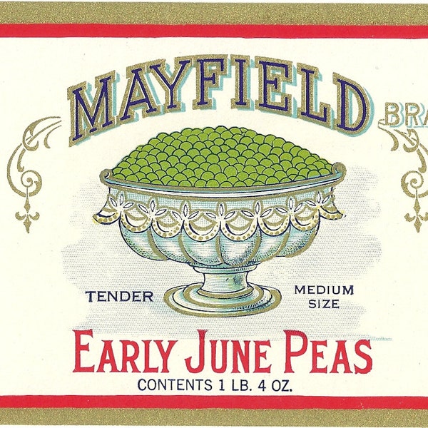 Mayfield Early June Peas Original Vintage Tin Can Label Gunn-Ellis Co. Richmond, Virginia