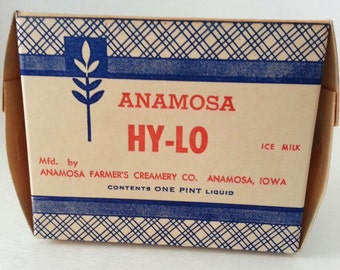 1950's Hy-Lo Vintage Unused Pint Ice Cream Carton Anamosa, Iowa