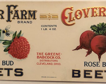 Clover Farm Rose Bud Beets Embossed Can Label Greene-Babcock Co. Cleveland, Ohio