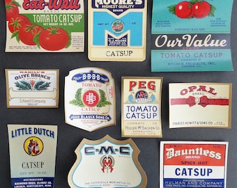 10 Different Original Unused Vintage 1920's -1940's Colorful Catsup Labels