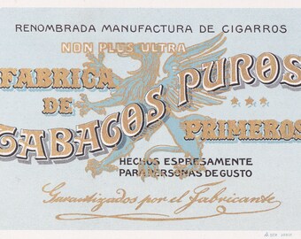 Very Nice Vintage Lithographed Inner Cigar Box Label Done in Spanish With Gargoyle in Blue & Gold