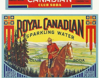 Unused 1950's Royal Canadian Sparkling Water / Club Soda Bottle Label & Neck Label Royal Canadian Dist.  Co. Chicago, Illinois