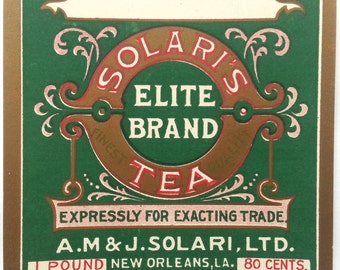 Solari's Elite Brand Tea Unused Vintage Can Label A.M. & J. Solari Ltd. New Orleans, Louisiana