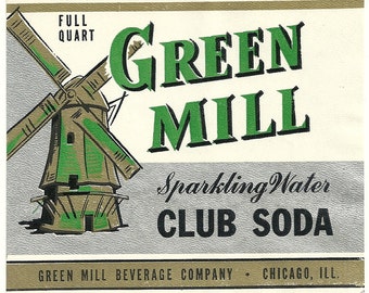 Unused 1940's Green Mill Sparkling Water Club Soda Bottle Label From Green Mill Beverage Co. Chicago, Illinois