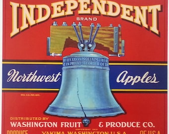 Independent Northwest Apples Vintage Crate Label Yakima, Washington Liberty Bell 1930's