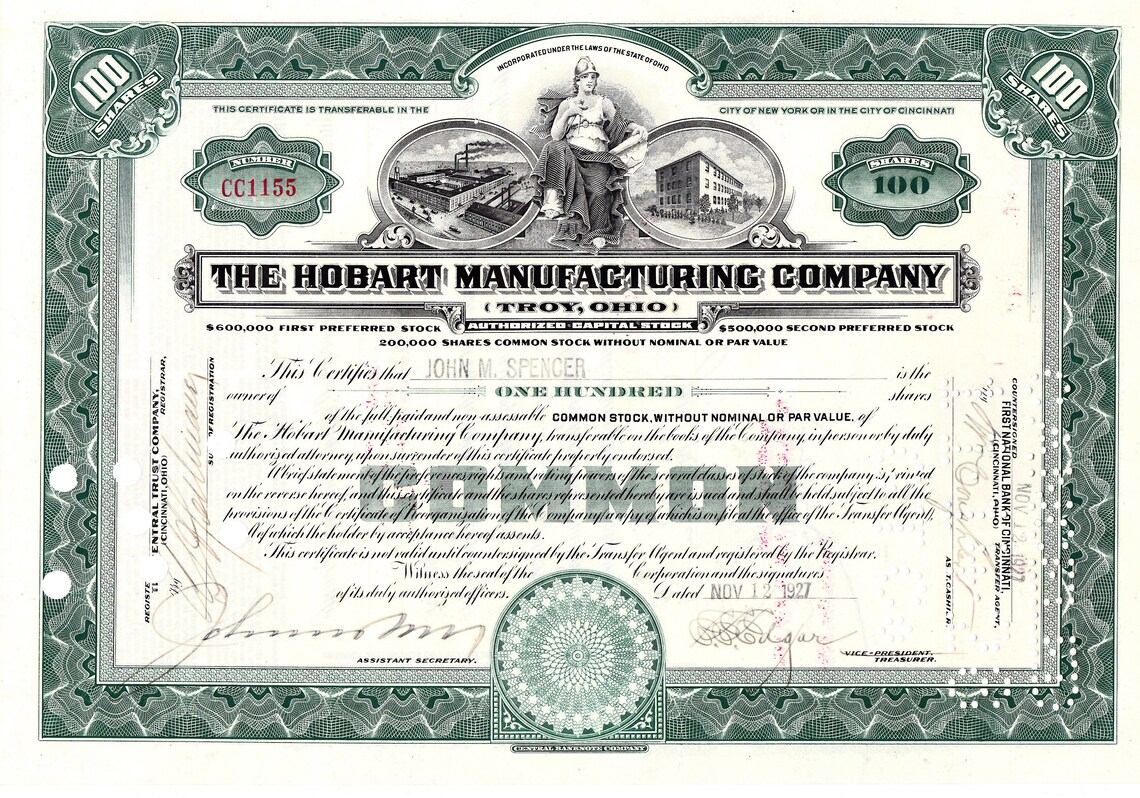 The Hobart Manufacturing Co. Troy Ohio Common Stock Etsy