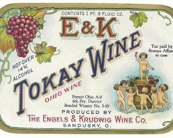 Unused Vintage  E & K Tokay Wine Label Produced by The Engles And Krudwig Wine Co. in Sandusky, Ohio