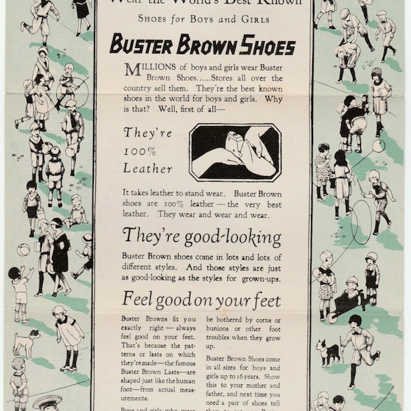 Early 1900's Buster Brown Shoes Tri-Fold Advertising Brochure Very Nice Graphics